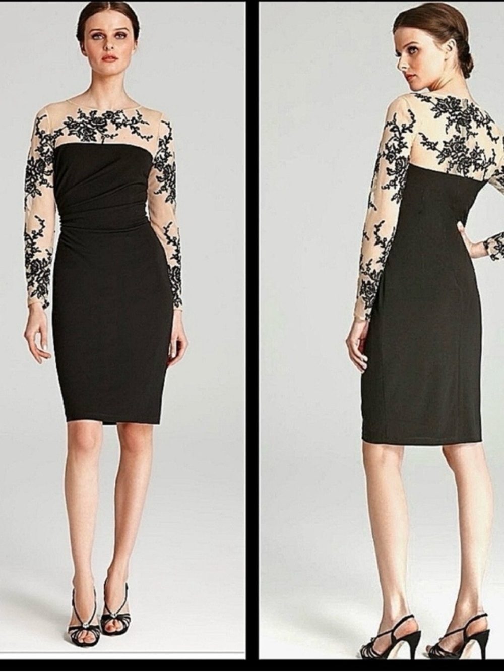 Elegant Black and Cream Dress with Floral Lace by David Meister